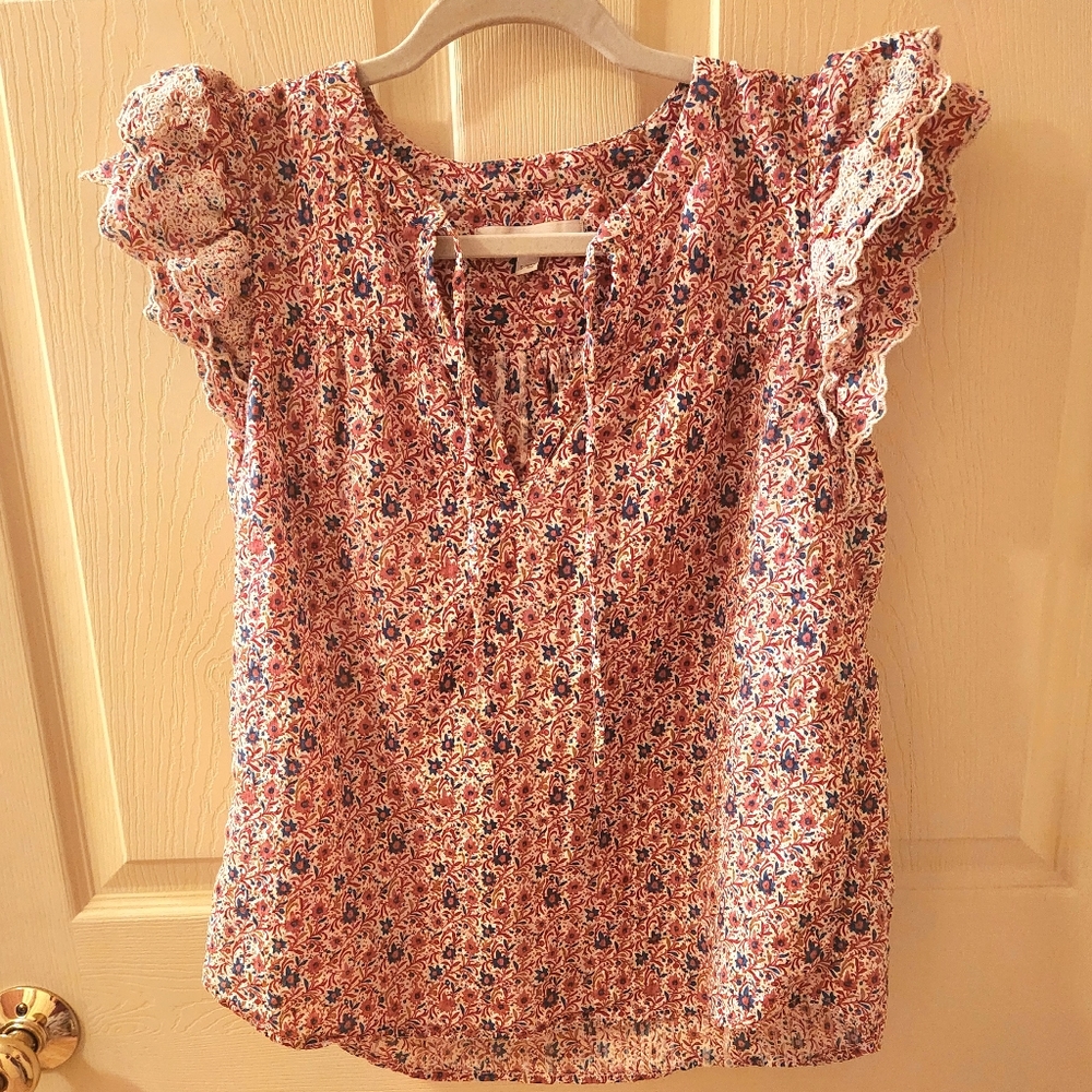 LOFT Pink Blue Floral Peasant Style Front Tie Eyelet Ruffle Flowy Blouse Small